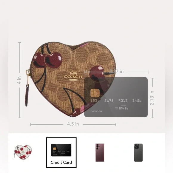 Coach NWT Heart Coin Case In Signature Canvas With Cherry Print - Picture 5 of 14
